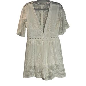 Wicky LS Ivory Semi Sheer Floral Lace Deep V Neck Romper Sz M